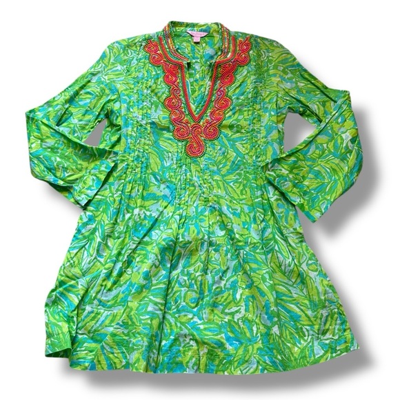 Lilly Pulitzer Sarasota Beaded Tunic Fresh Citrus Aqua Blue Lime Green size S - Picture 4 of 9